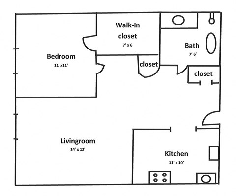 Floor plan for 1 bed, 1 bath, 483 sqft